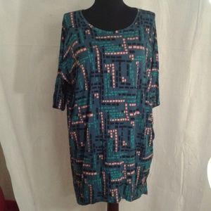 Lularoe Irma hi-low top XXS Tunic Geometric Dashes Blue Black Orange Tee Shirt